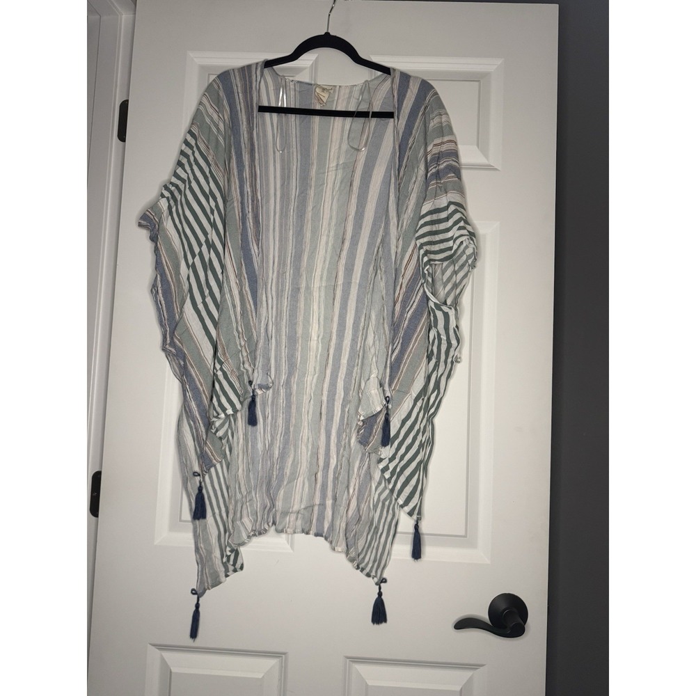 Hem And Thread One Size Kimono Style Coverup Green Blue Brown Cream Tassels